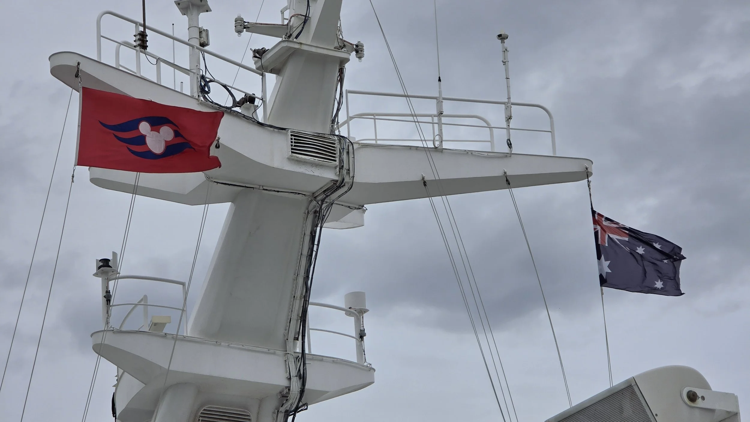 Close-up of a ship's mast with two flags, one red with a logo and one Australian, against a cloudy sky.