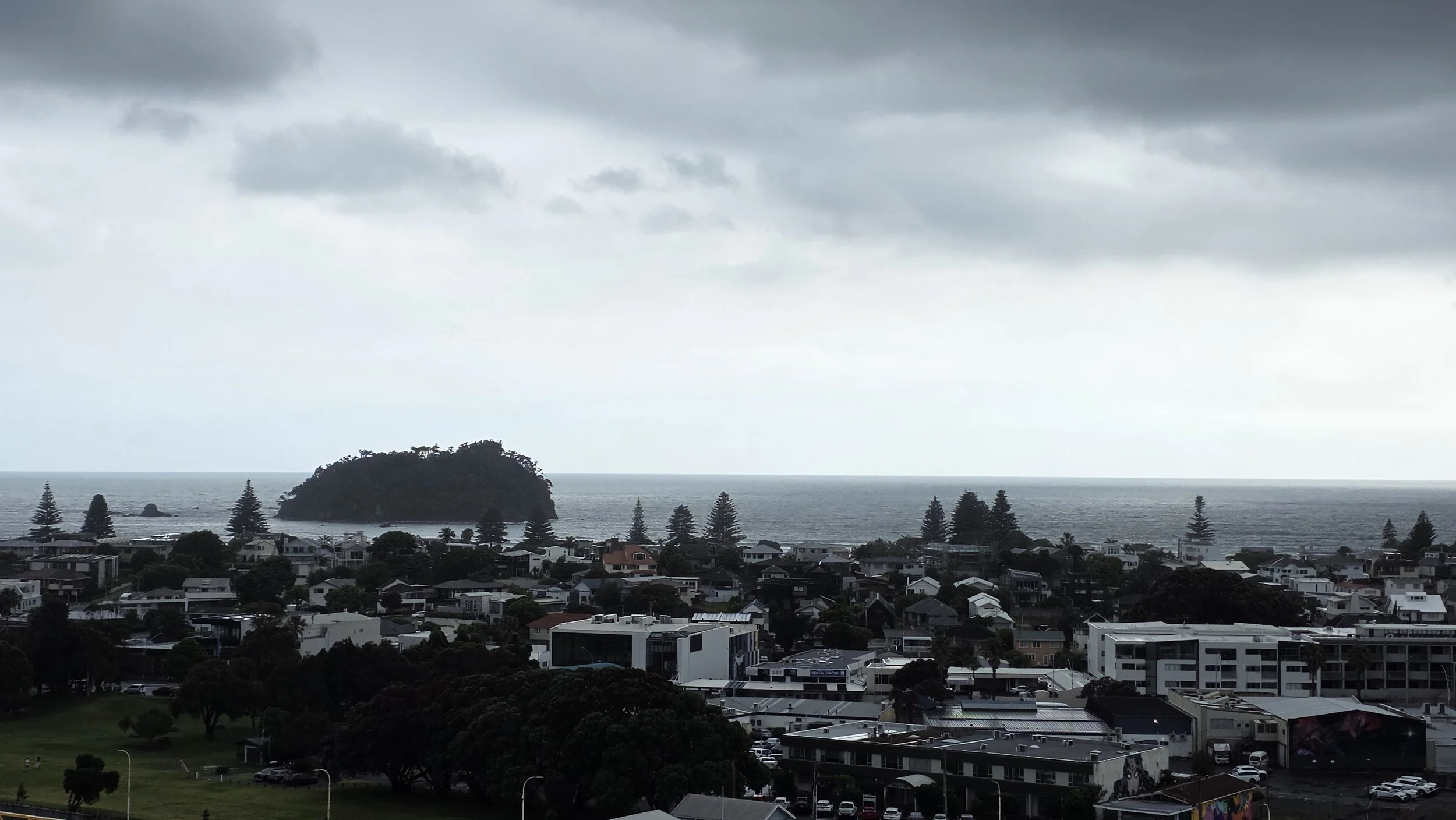 Nighttime cityscape view of a coastal urban area under dark stormy clouds, with a hill, trees, and the ocean in the background.