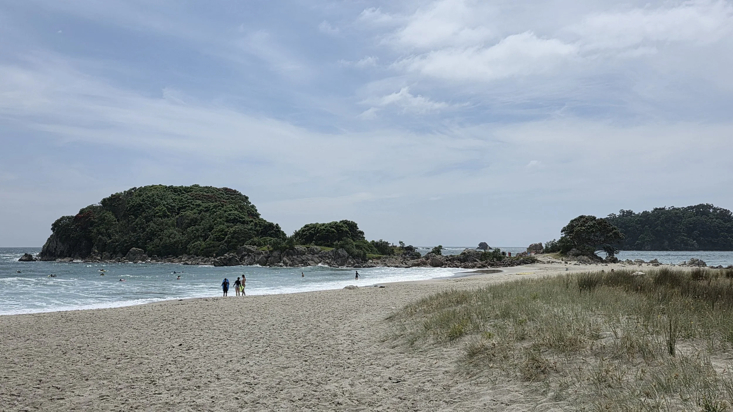 Beach scene with sandy shore, grassy dunes, ocean waves, rocky islands in the background, and a few people walking and swimming.
