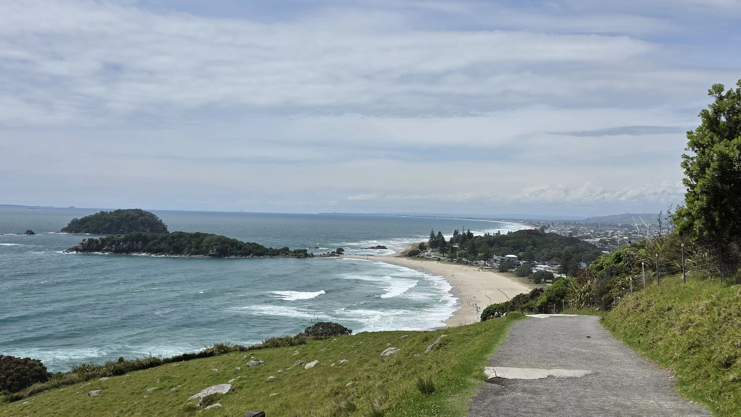Scenic coastal view of a beach with waves, a headland with trees, and a town in the distance under a cloudy sky, taken from a pathway on grassy hillside.