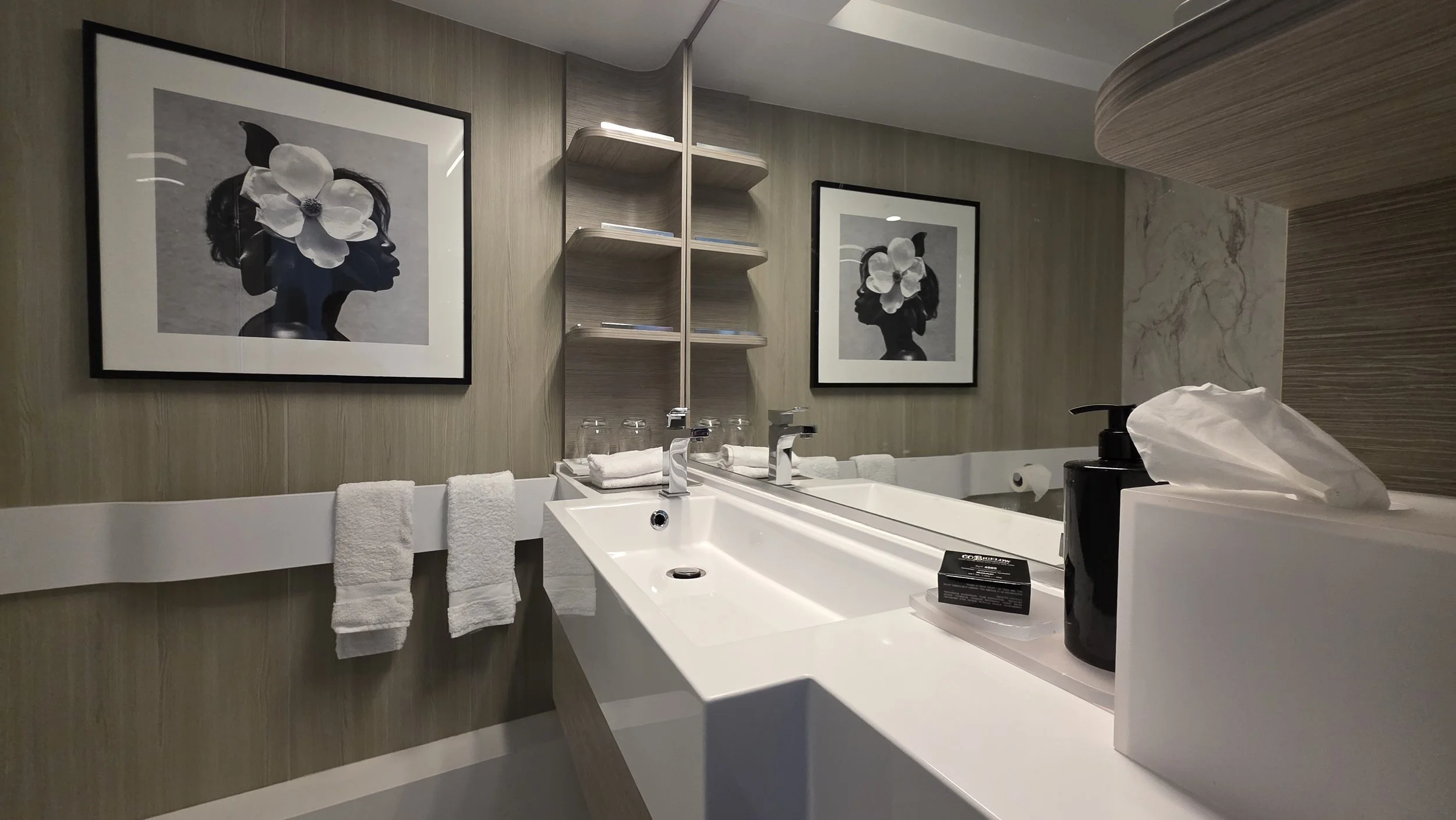 A modern bathroom with a white sink, dual faucets, and a large mirror. The wall behind has artwork of a silhouette with a large flower, and there are towels hanging on a rail. Small shelves hold glasses and toiletries.