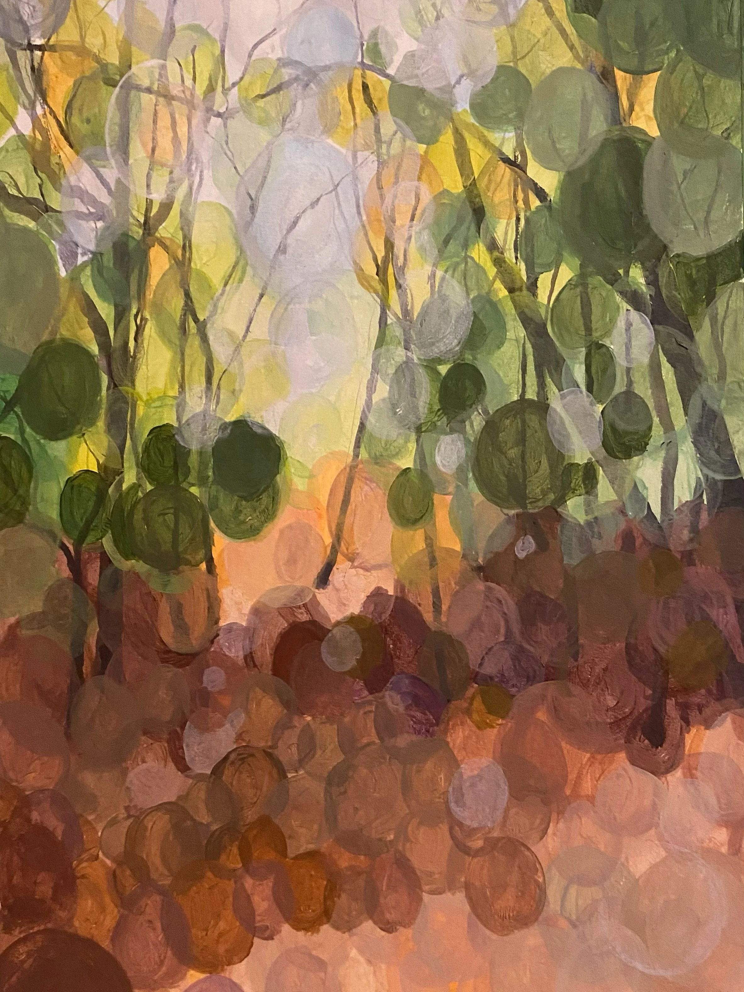 An abstract painting featuring a cluster of green, yellow, and brown circular shapes and branches, suggesting a leafy tree or plant scene.