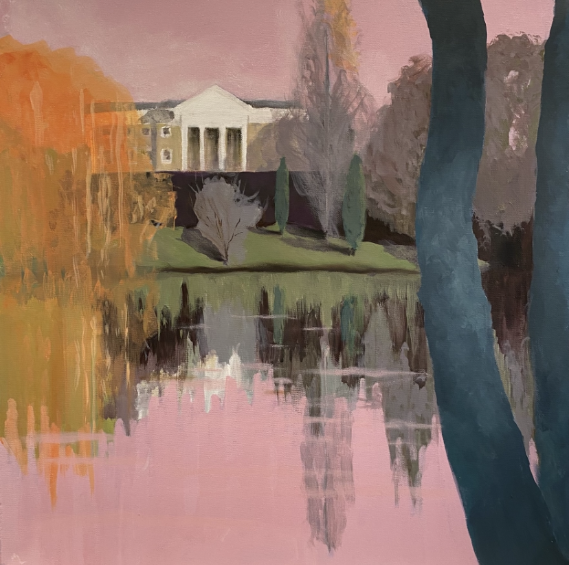 Landscape painting of a pond with trees reflecting in the water, a white house with columns in the background, and a pink sky.