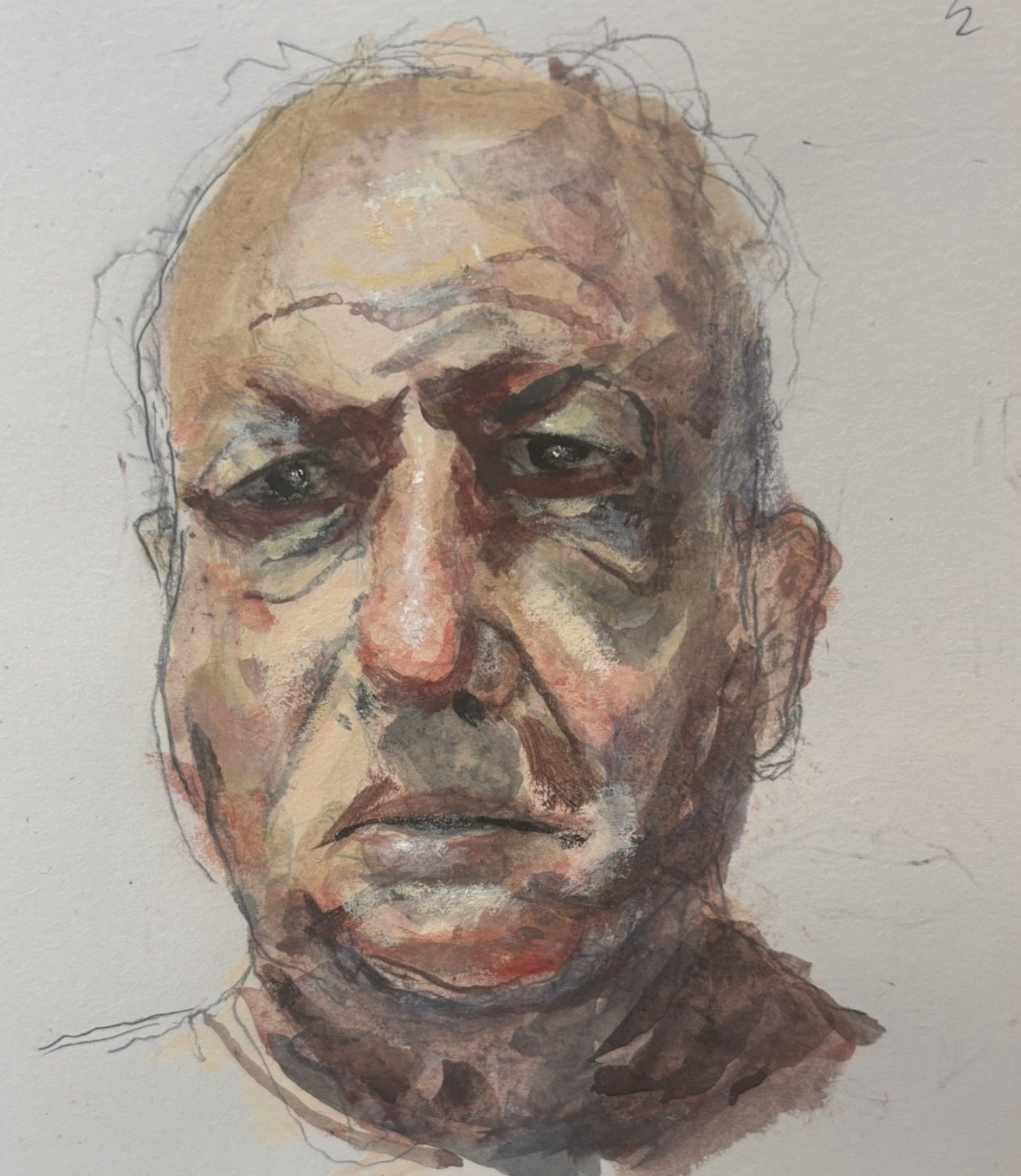 Watercolor painting of an elderly man's face, showing wrinkles and a serious expression, on a white background.