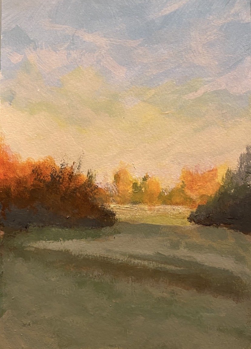 An impressionist painting of a landscape during sunset with trees in fall colors and a grassy field in the foreground.