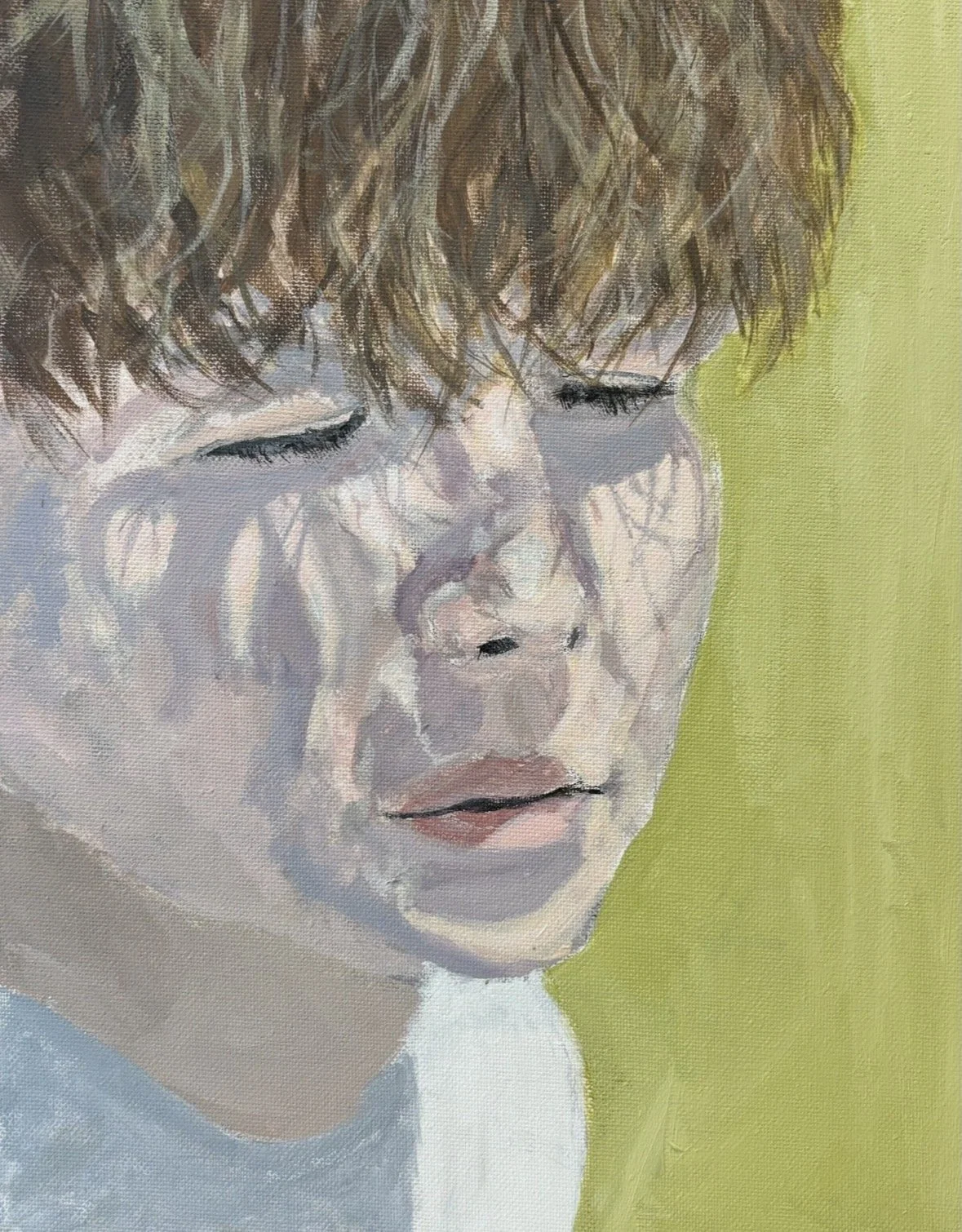Close-up painting of a person's face with closed eyes, brown curly hair, and a light-colored shirt, set against a green background.