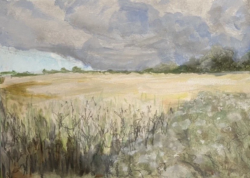 Watercolor painting of a rural landscape with a cloudy sky, open fields, and some trees in the distance.