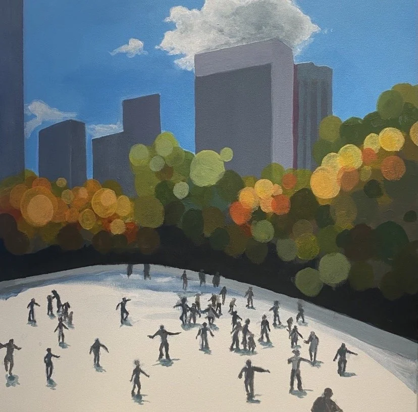 Painting of people ice skating on a rink with city buildings and trees in the background.