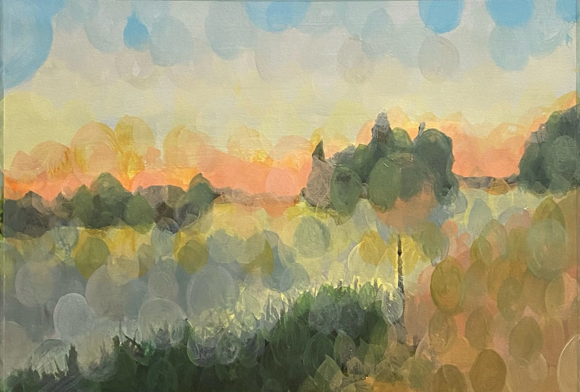 Impressionistic painting of a landscape with green trees, a body of water reflecting the trees, a sunset sky with pink, orange, yellow, and blue hues, and rolling hills in the background.