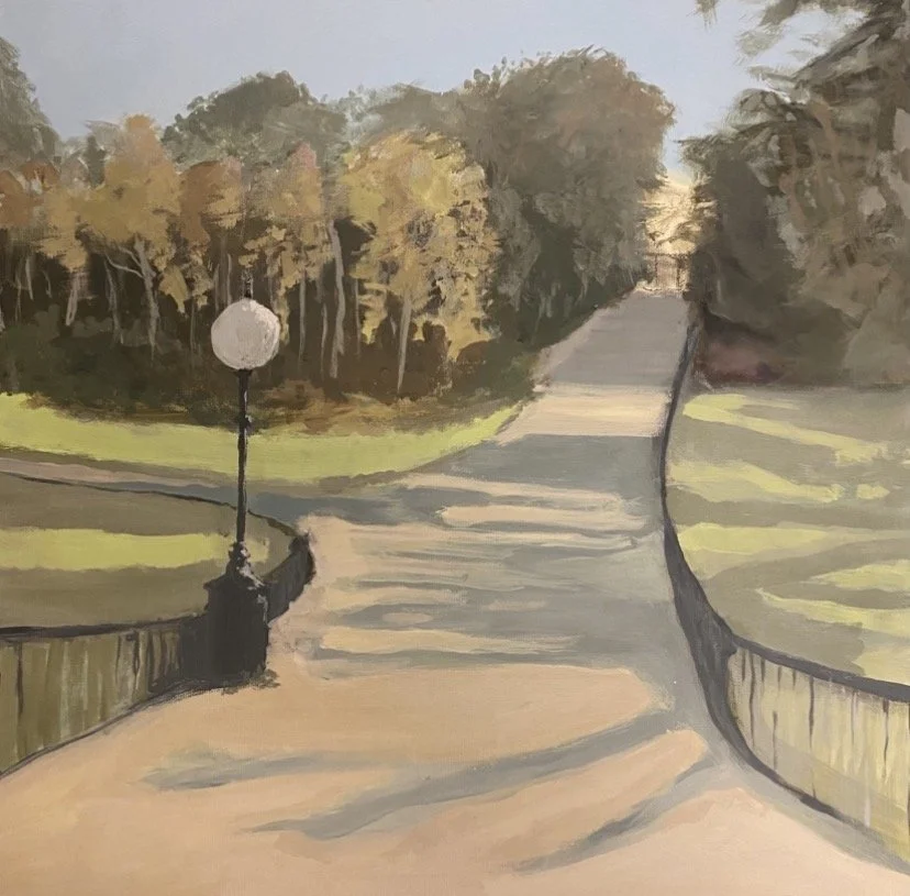 A painted landscape of a park pathway with a lamp post on the left, surrounded by trees with yellow and brown foliage, and a bridge railing on either side of the pathway.