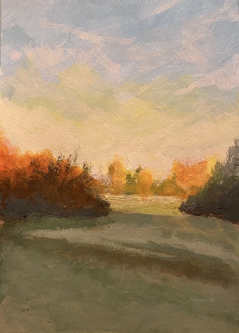 A landscape painting depicting a scene during sunset with a partly cloudy sky, trees with autumn colors, and a grassy area in the foreground.