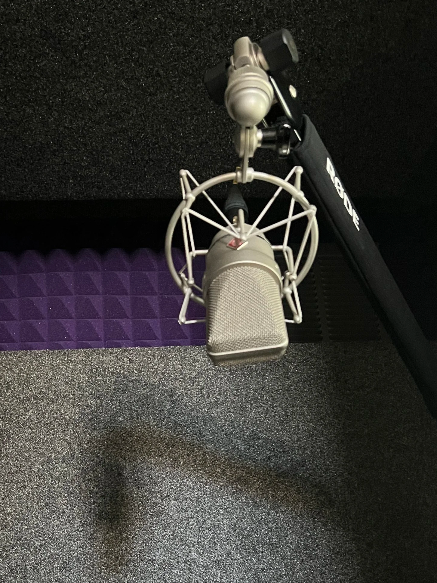 A professional recording microphone with a shock mount and pop filter in a recording studio.