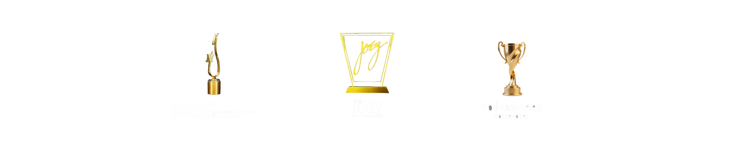 Graphic design for the Joey Awards, featuring a golden trophy on the right, a yellow illuminated sign in the center, and a golden microphone on the left, with the text 'SOVAS Society of Voice Arts and Sciences' and 'volunteer voice over' at the bottom.