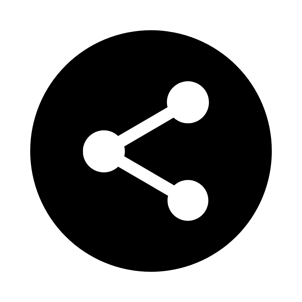 Black icon of a share symbol with three connected circles on a black background.