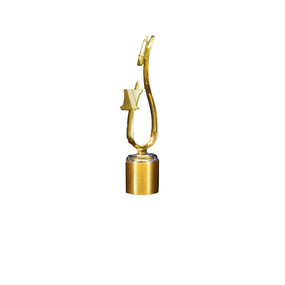 A golden trophy in the shape of a saxophone.