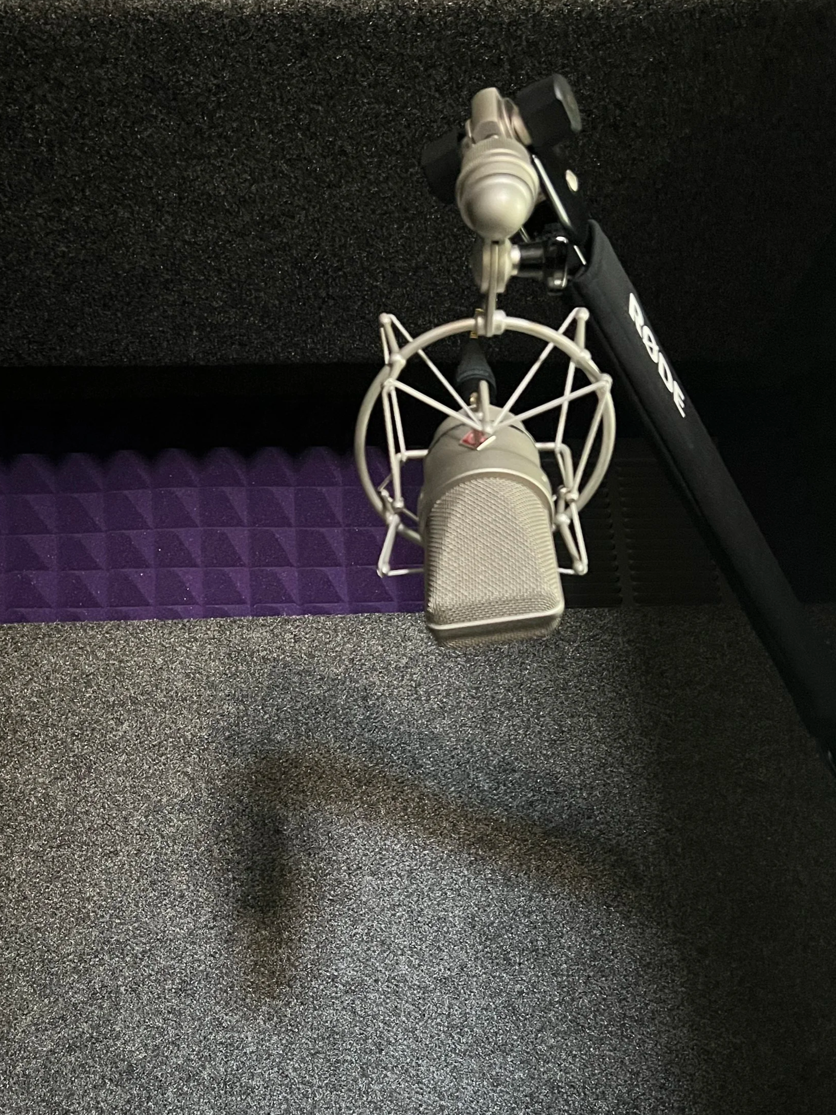 Close-up of a professional microphone with a pop filter in a recording studio.