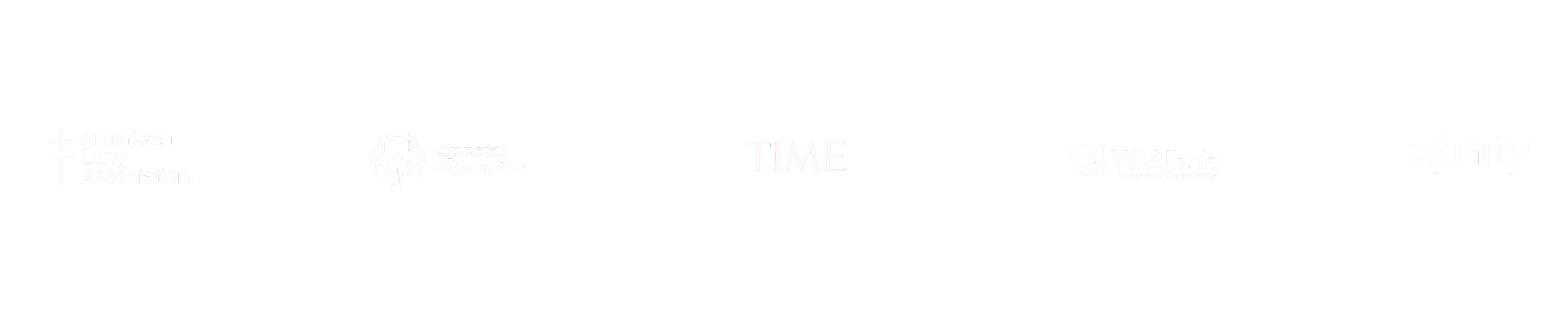 Black background with white logos of American Lung Association, Special Olympics, TIME, VOAlanta Voiceover Conference, and Xfinity.