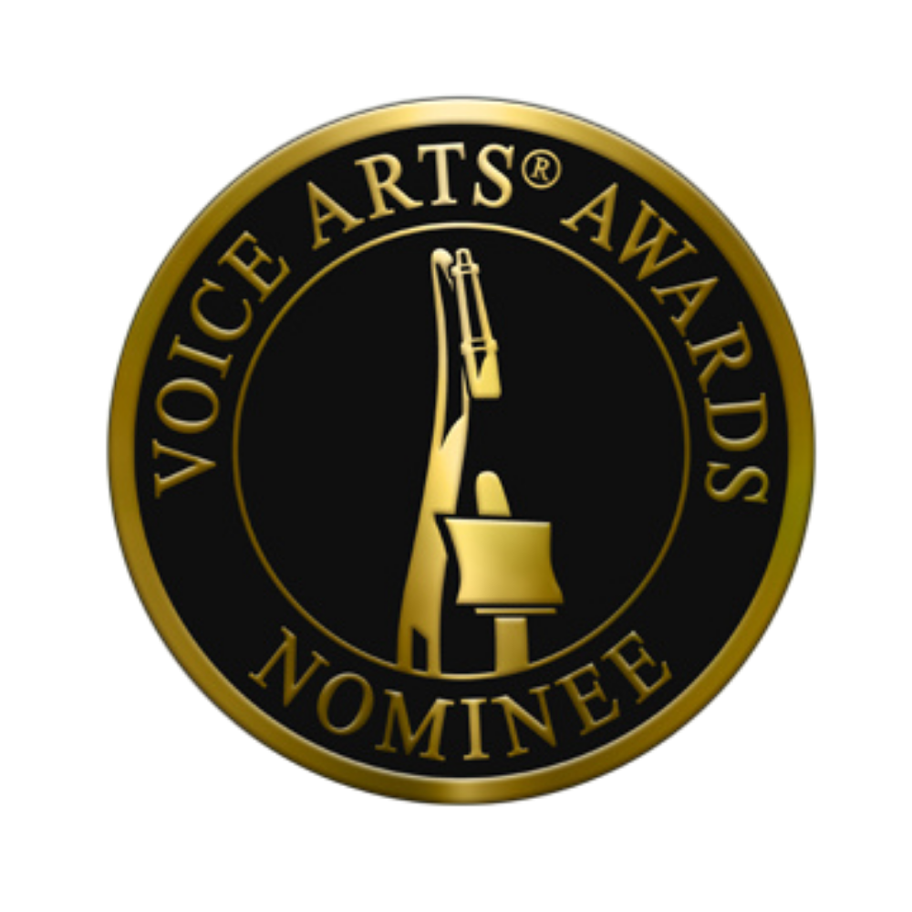 Gold and black circular medal with a pickaxe and hammer image in the center, and the text "VOICE ARTS® AWARDS NOMINEE" surrounding the edge.