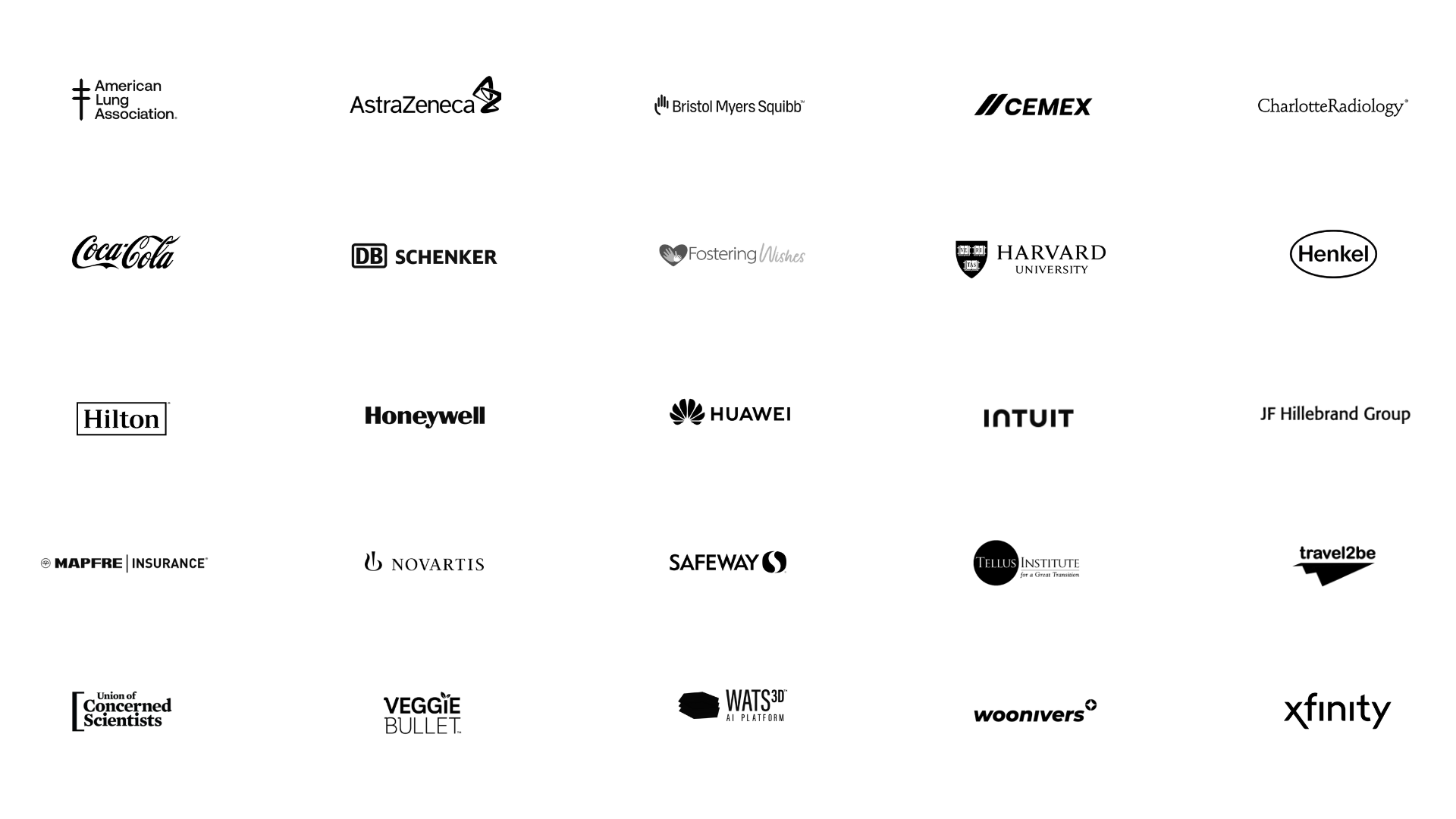 Various logos of organizations, including American Lung Association, Bristol Myers Squibb, Fostering America, Henry Schein, DB Schenker, Honeywell, Intuit, Mapfre Insurance, JF Hillebrand Group, Watson AI Platform, and Concerned Scientists.