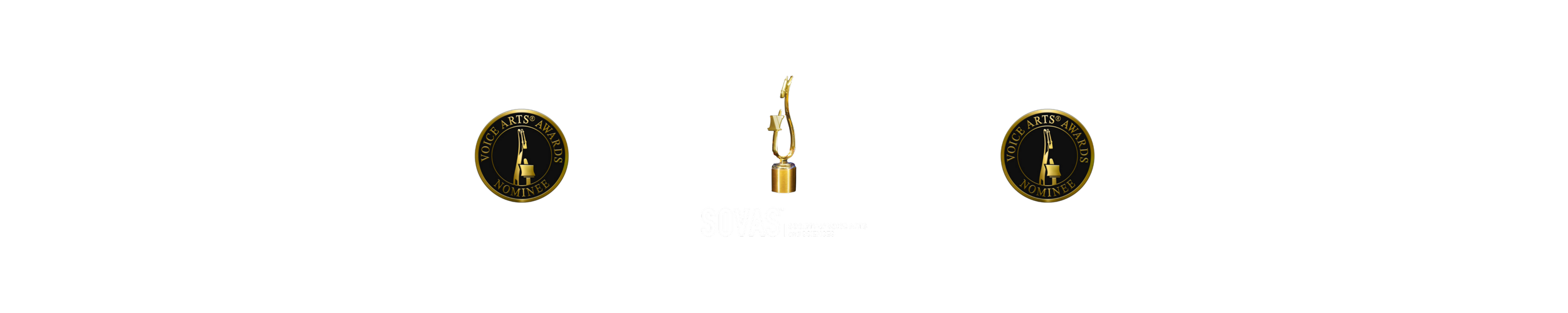 Graphic award logo with a central trophy, surrounded by two gold medallions with black backgrounds and text, a company's name 'SOVAS', and additional text for the Voice Arts Awards.