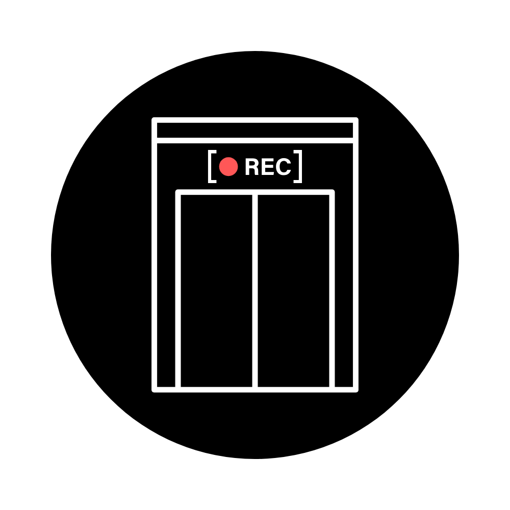 Outline of an elevator door with a red recording dot and the word 'REC' on a black background