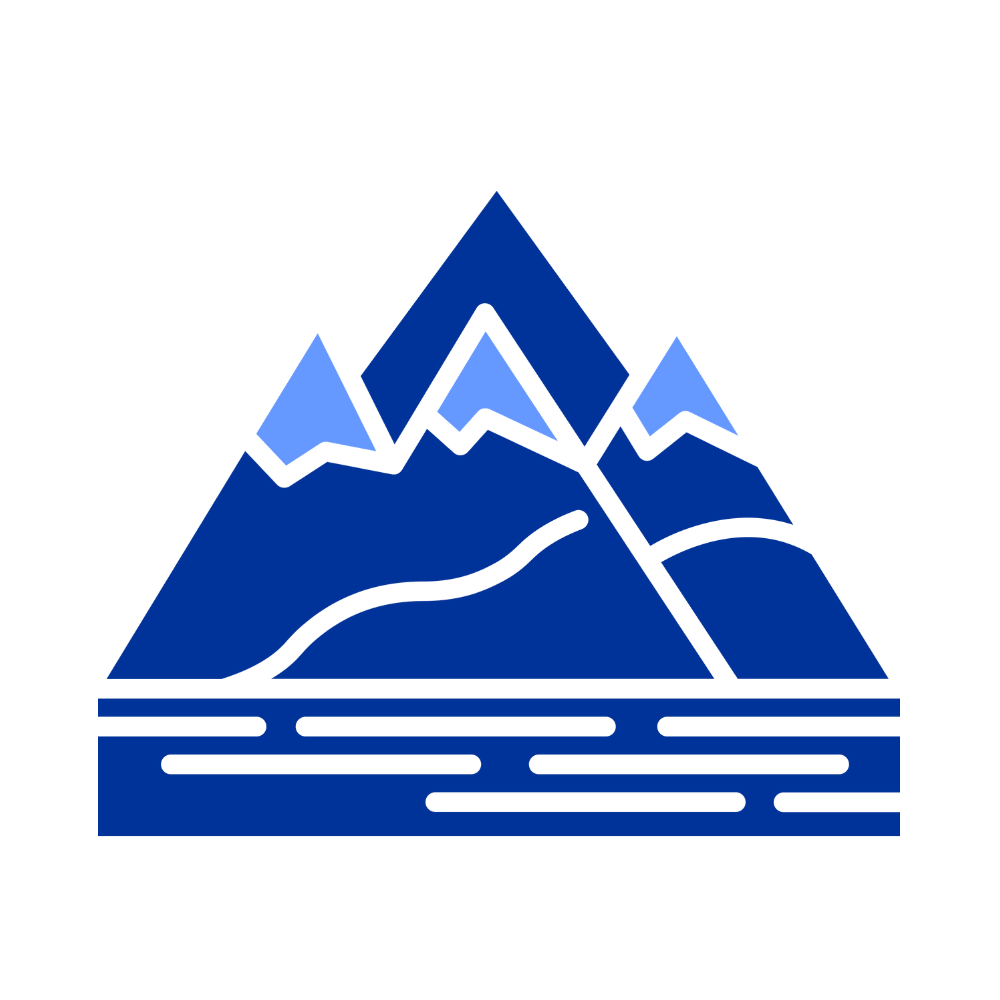 Line drawing of mountains and a lake in shades of blue.