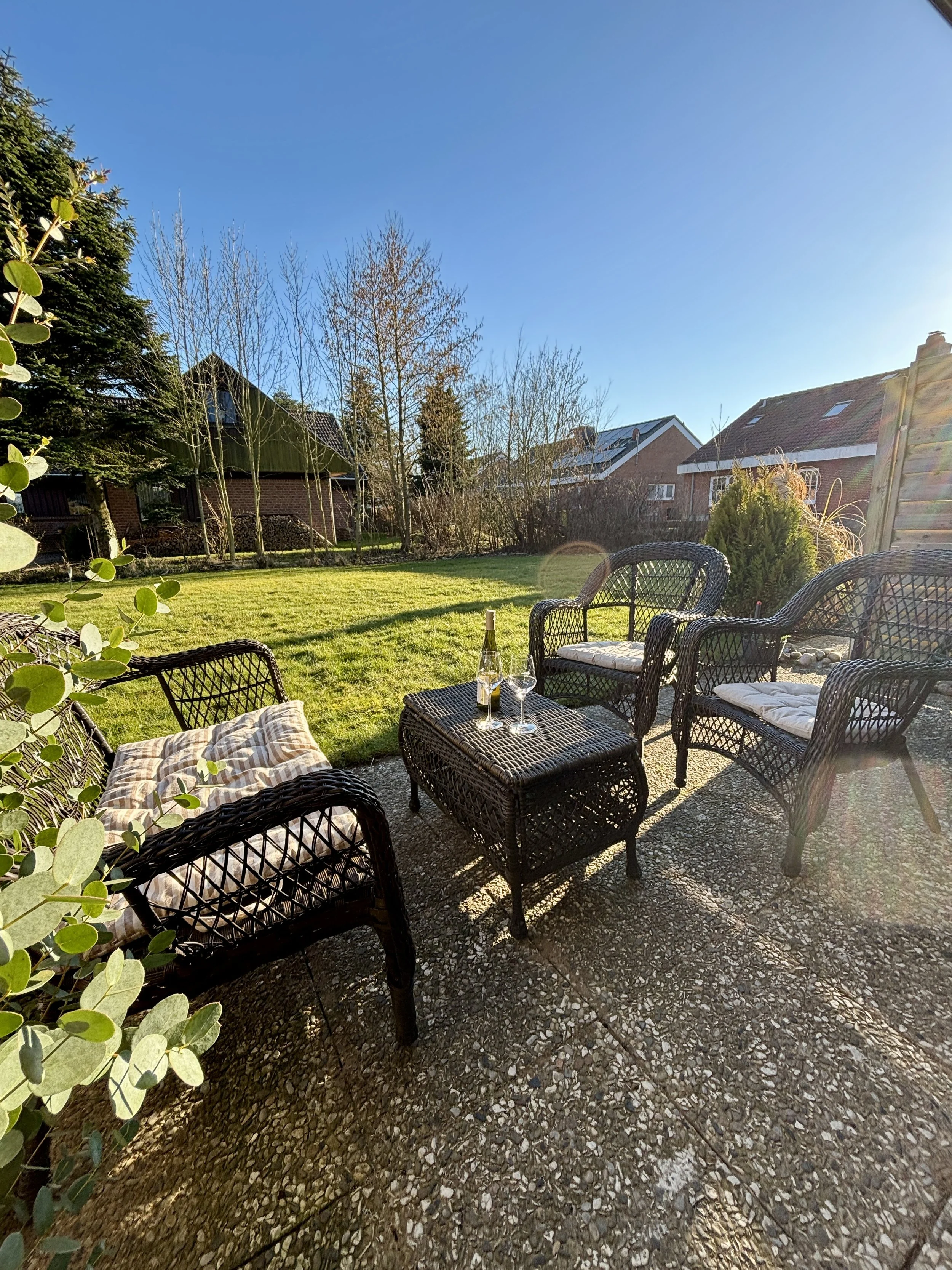 Ein Garten mit Rattanmöbeln und Getränken auf einem Tisch, umgeben von grünem Rasen und Häusern unter einem blauen Himmel.