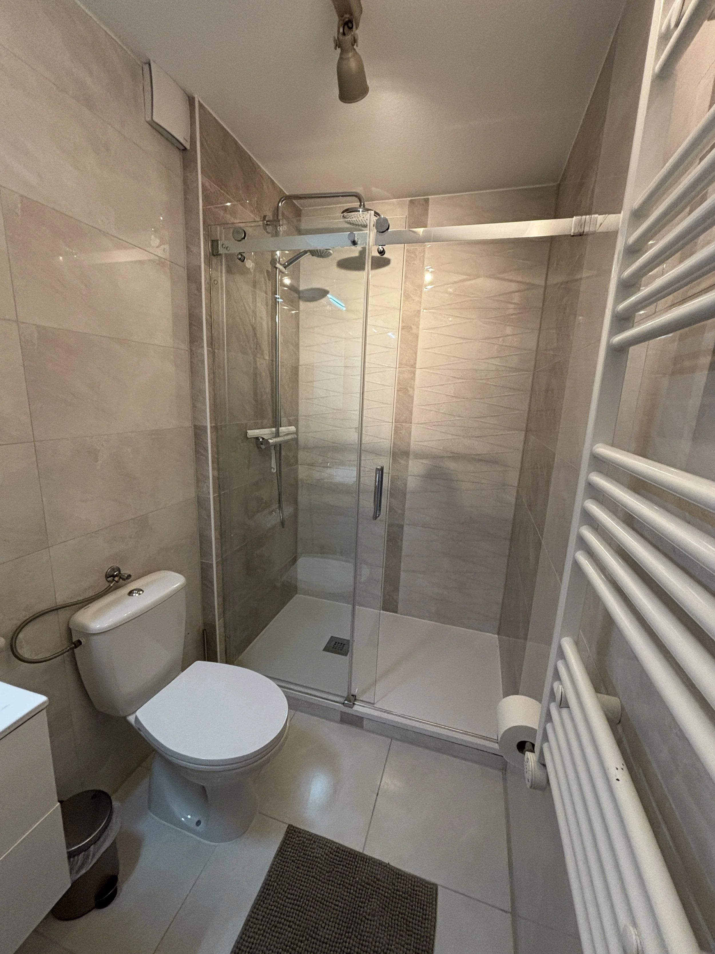 Ein Badezimmer mit einer Toilette, einem Duschbereich mit Glaswänden und einem Handtuchheizkörper an der Wand.