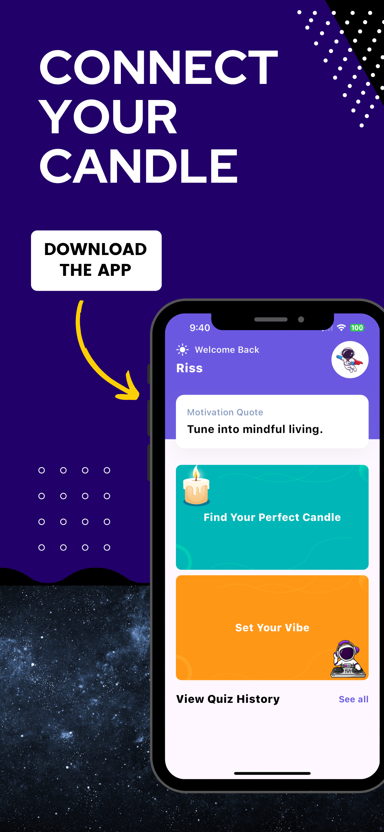 Digital advertisement for candle-related app with a smartphone screen displaying the app's interface, including options to find a perfect candle and set your vibe, on a purple and space-themed background.