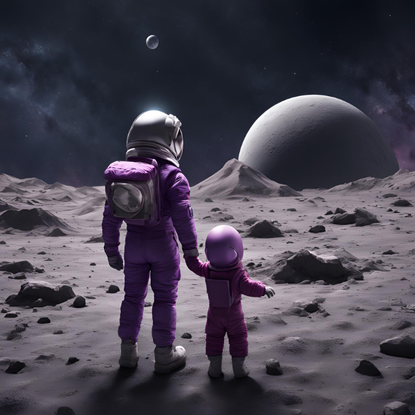 A woman and children in space suits holding hands on the moon, with planets and stars in the background.