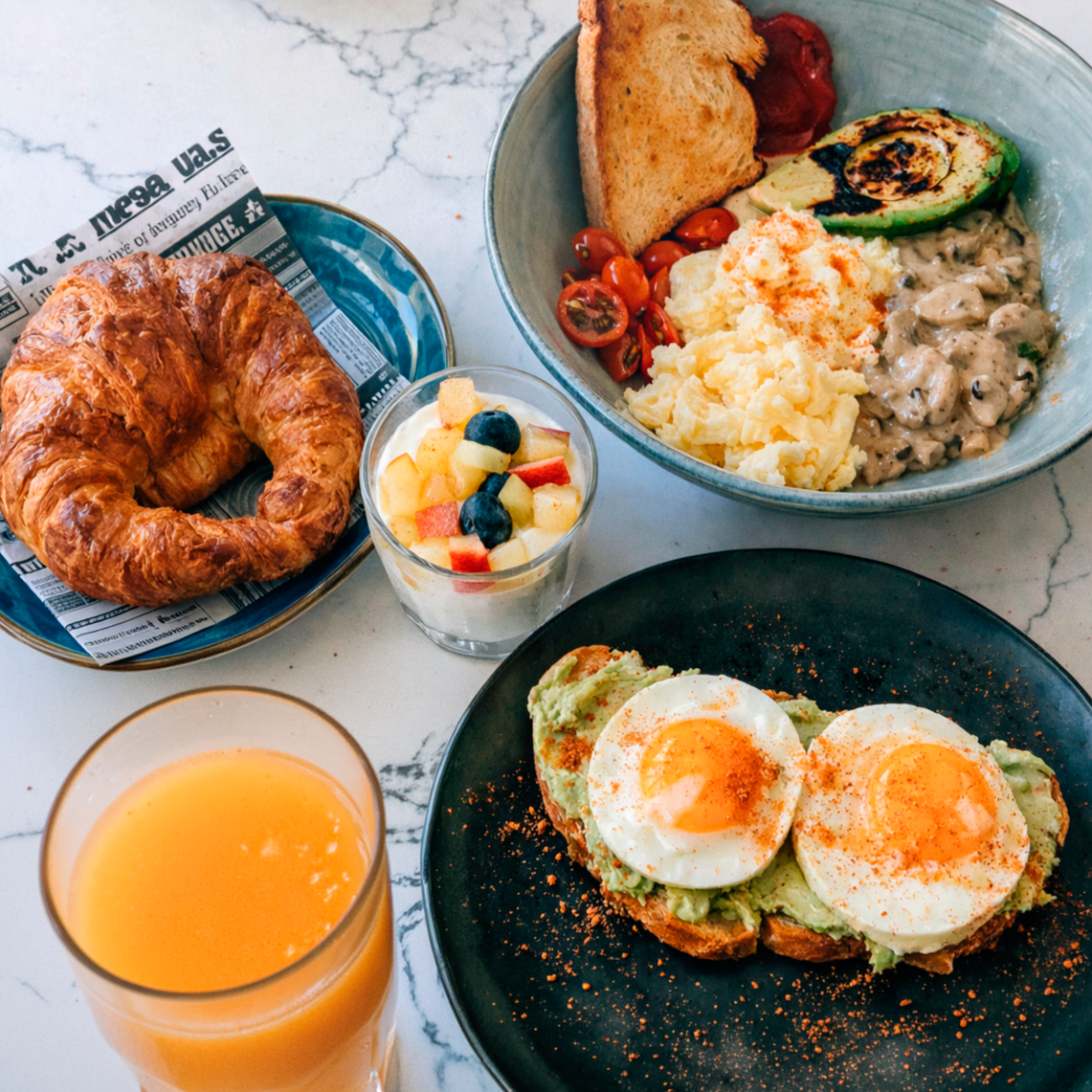 a table ready for breakfast with avocado toast, yogurt, pancakes, orange juice and croissant