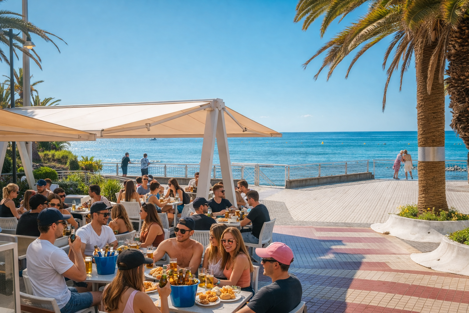 Seaside terrace in Los Cristianos. Ocean views and brunch atmosphere.