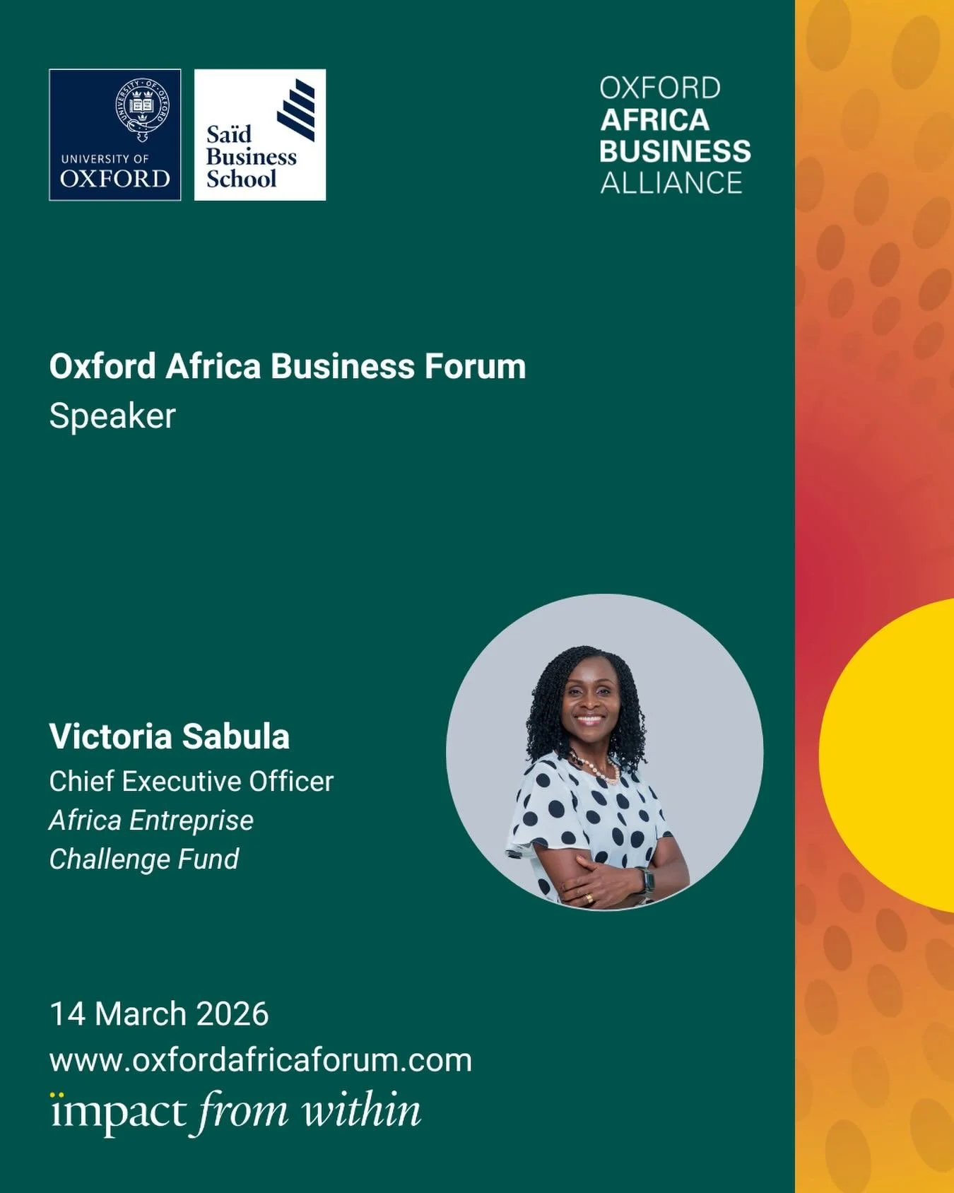 Announcing our #OxfordAfricaBusinessForum 2026 speakers @oxfordsbs 🌍

Victoria Sabula is the Chief Executive Officer of the Africa Enterprise Challenge Fund (AECF), a leading development finance organisation that supports innovative businesses acros