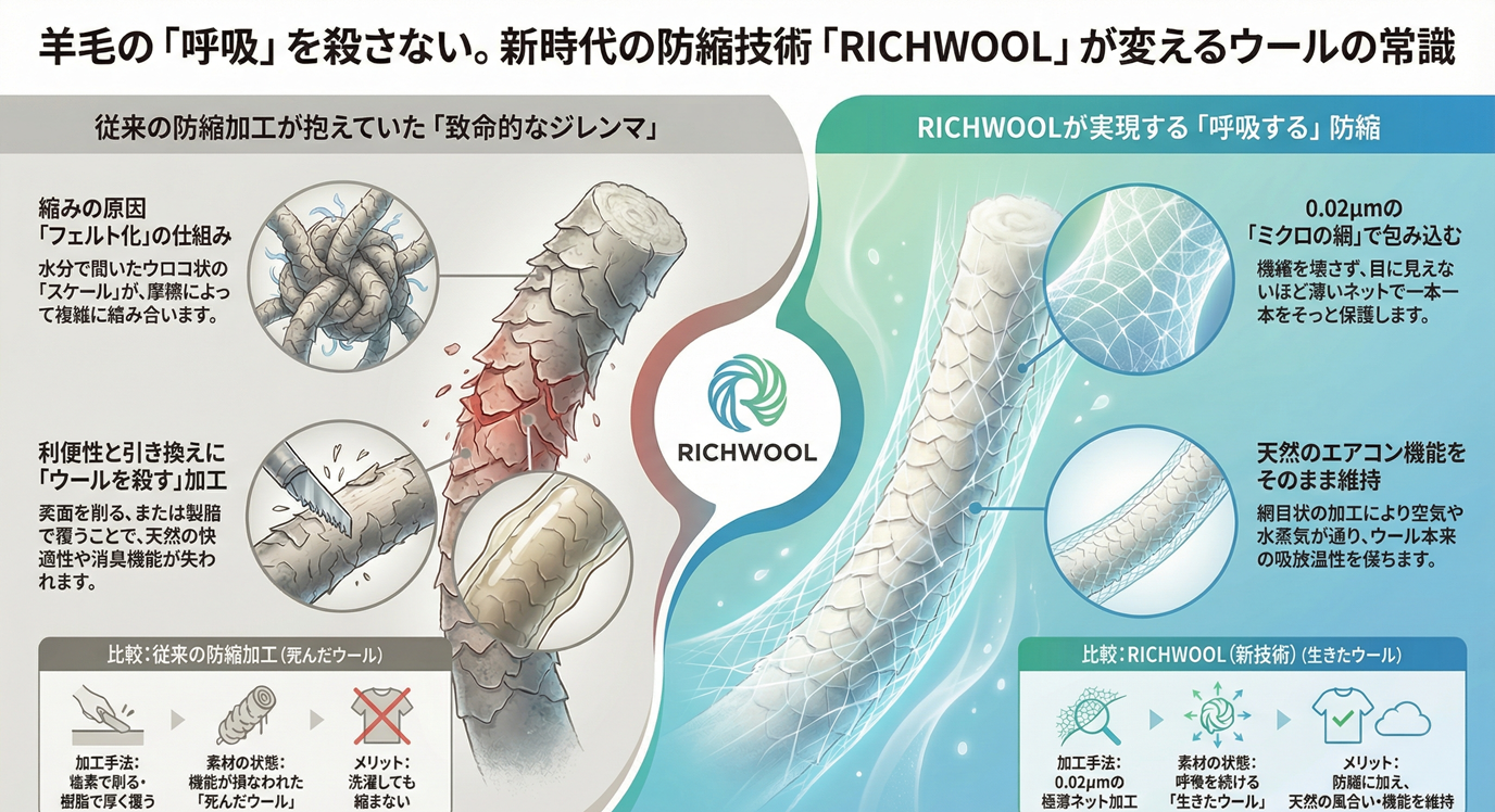羊毛の「呼吸」を殺さない。新時代の防縮技術が変えるウールの常識
