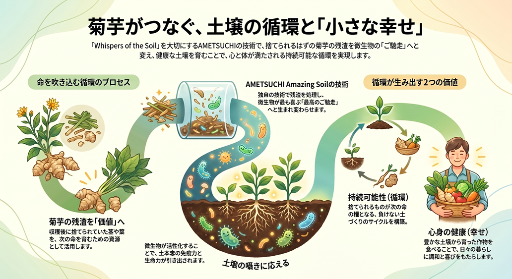 土壌の囁きに耳を澄ませて — 菊芋とAMETSUCHIが贈る、循環する「小さな幸せ」