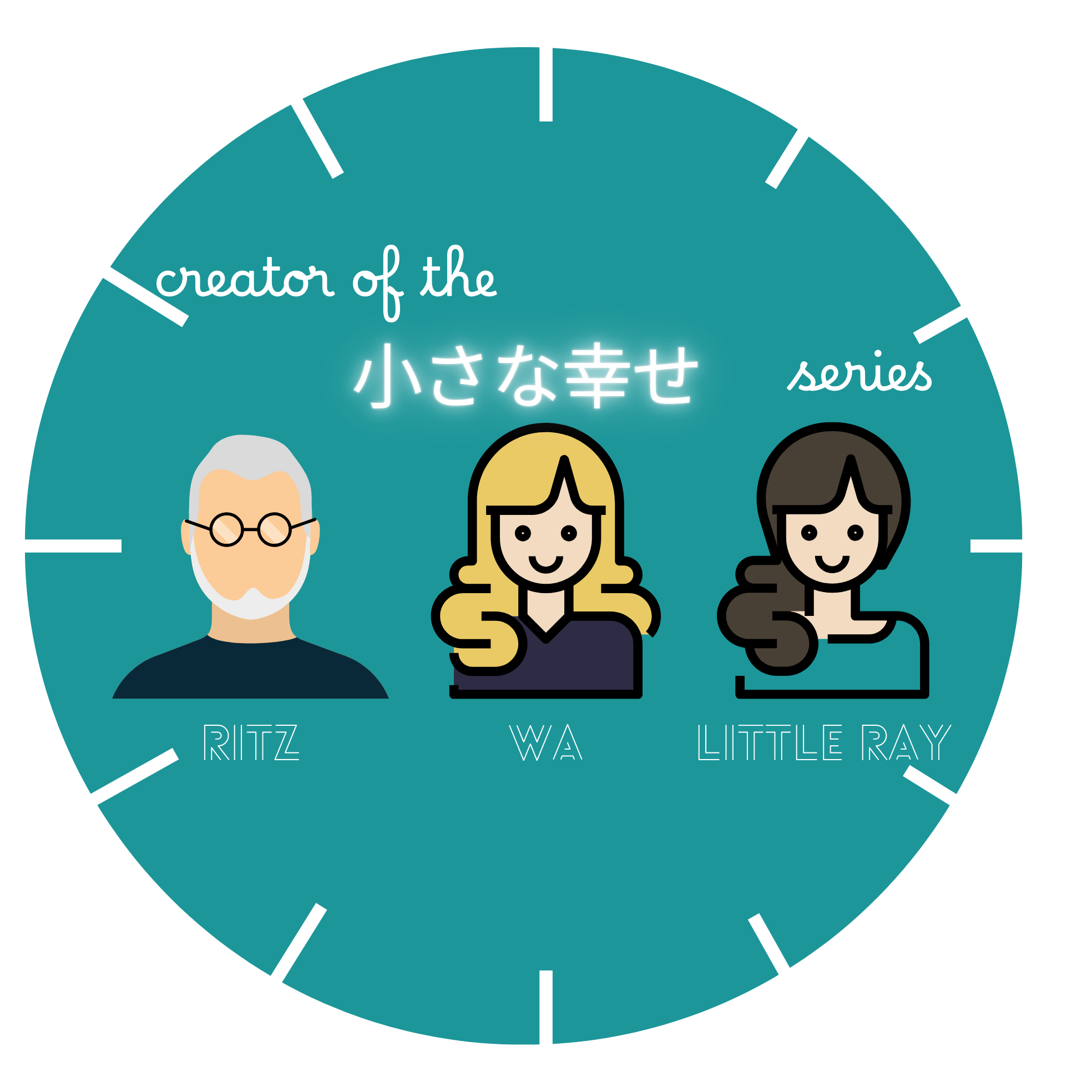 小さな幸せシリーズのイラスト。時計の針のある円の中心に、リッツ、ワ、リトルレイのキャラクターが描かれている。上部に白い文字で『creator of the 小さな幸せ series』と書かれている。
