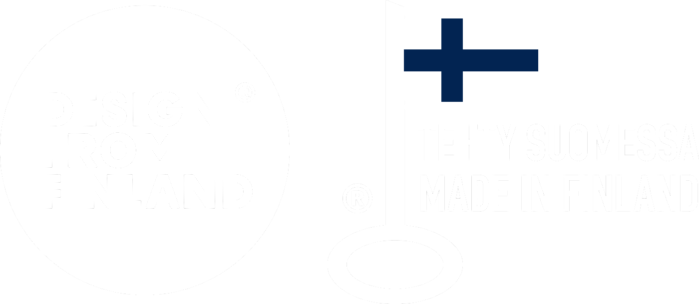 Suomalainen avainlippumerkki, jossa teksti 'Design from Finland' ja 'Made in Finland', sekä Suomen lippu