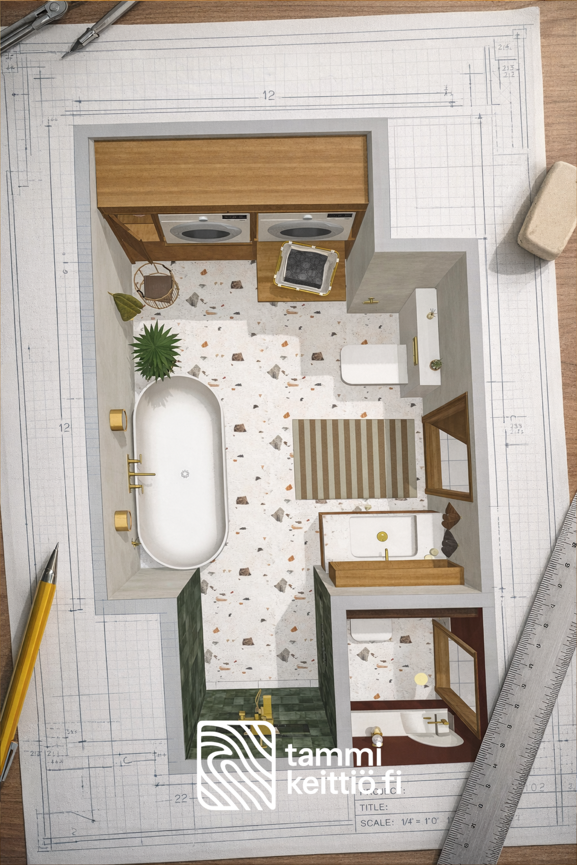 Kylpyhuoneen pohjakuva suunnittelupaperilla