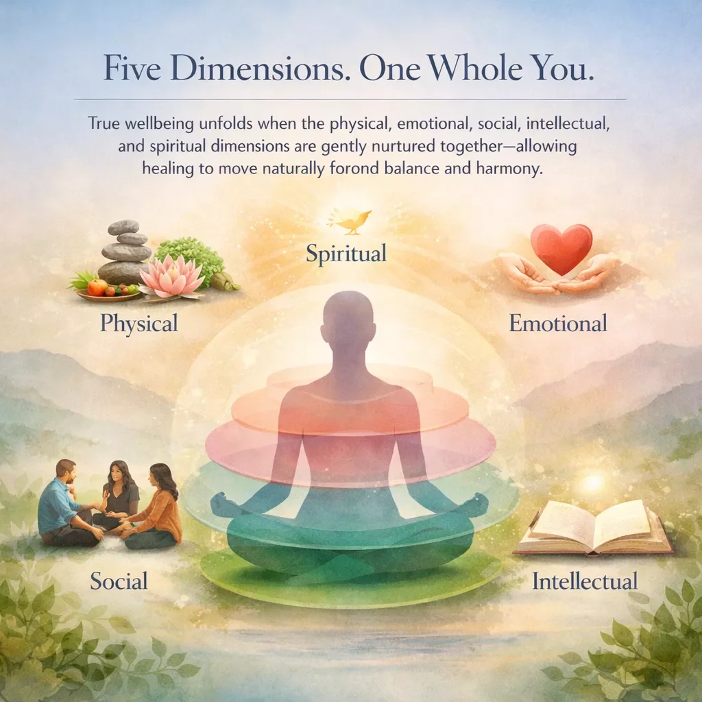 A diagram titled "Five Dimensions. One Whole You." showing a person meditating, surrounded by five spiritual layers labeled Physical, Emotional, Social, Intellectual, and Spiritual. Each layer has an illustration: stones and a lotus flower for Physical, hands holding a heart for Emotional, people talking for Social, an open book for Intellectual, and a bird for Spiritual.