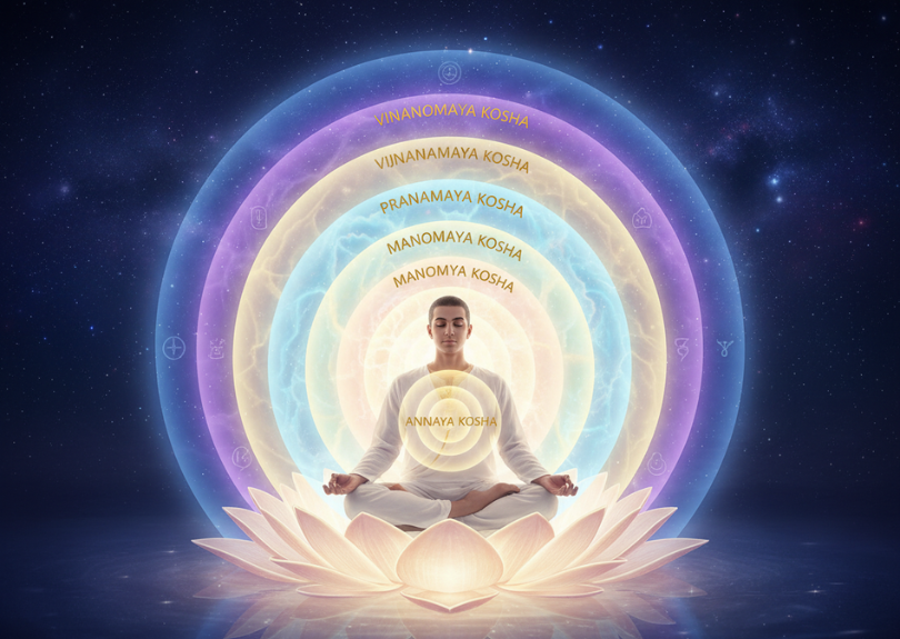 A person meditating on a lotus flower in front of colorful concentric circles representing different levels of spiritual practice, set against a starry night sky.