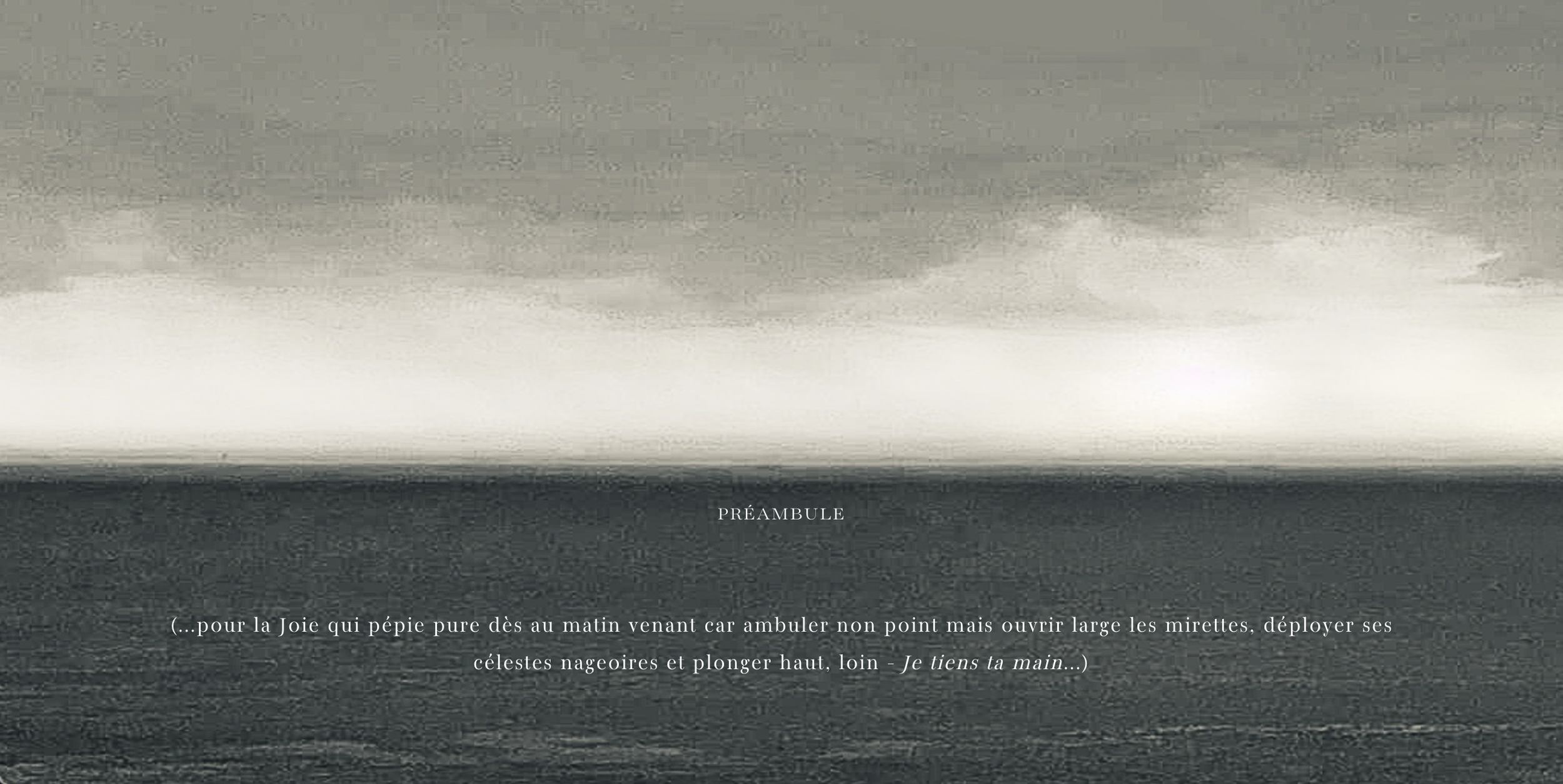 Une image en noir et blanc représentant une mer calme sous un ciel nuageux, avec un texte en français au centre et en bas, évoquant la joie et l'ouverture des cieux.