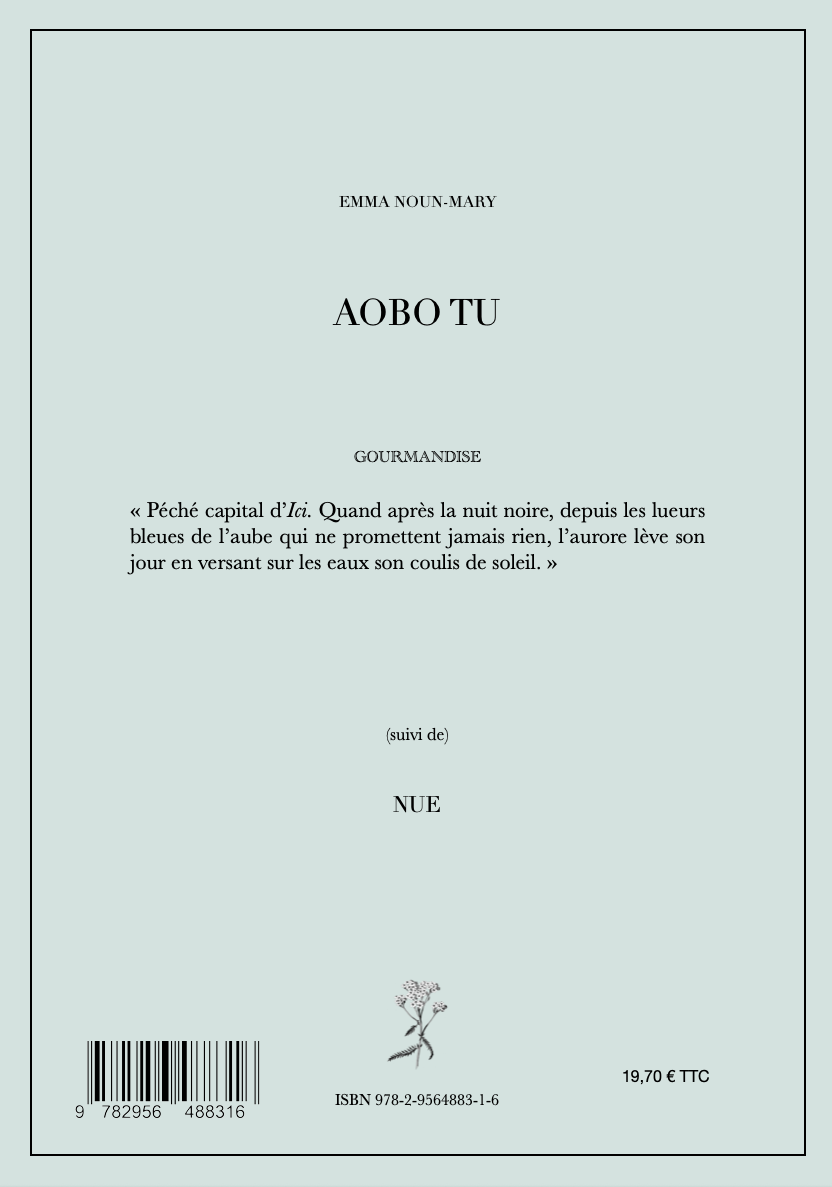 L'image montre la couverture d'un livre avec un fond bleu clair, titre en français 'AOBO TU', auteur Emma Noun-Mary, texte en italique, petite illustration d'une plante en bas, code-barres et ISBN en bas, prix 19,70 €.