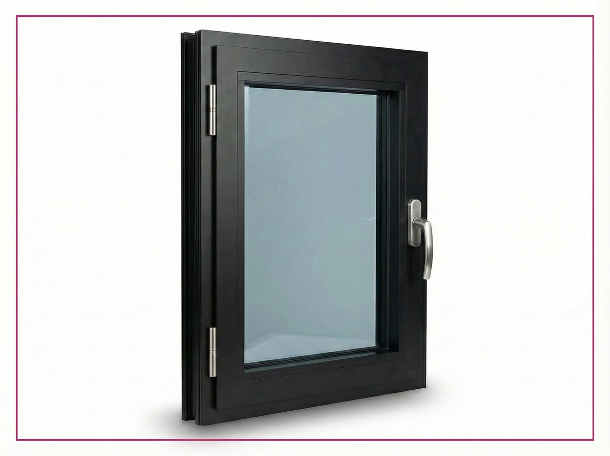 A black-framed window with a silver handle, shown against a white background.