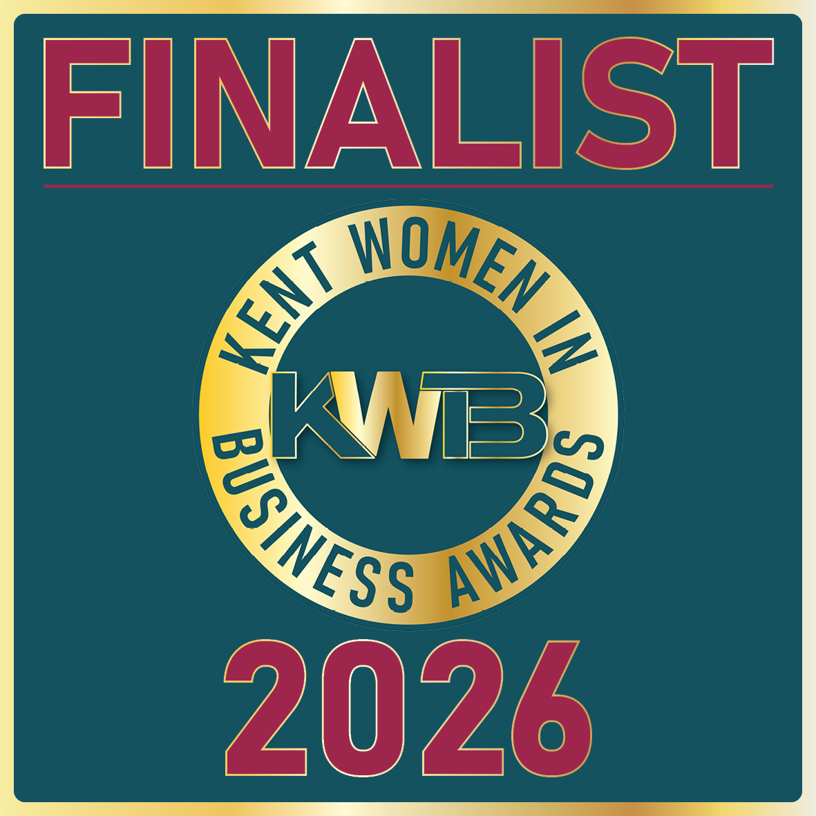 Finalist badge for the Key Women in Business Awards 2026, with the KWB logo in the center and gold, blue, and maroon color scheme.