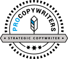 Logo for ProCopywriters, featuring a circular badge with a skyscraper icon in the center, and the text 'PROCOPYWRITERS' at the top and 'STRATEGIC COPYWRITER' at the bottom, separated by three stars.