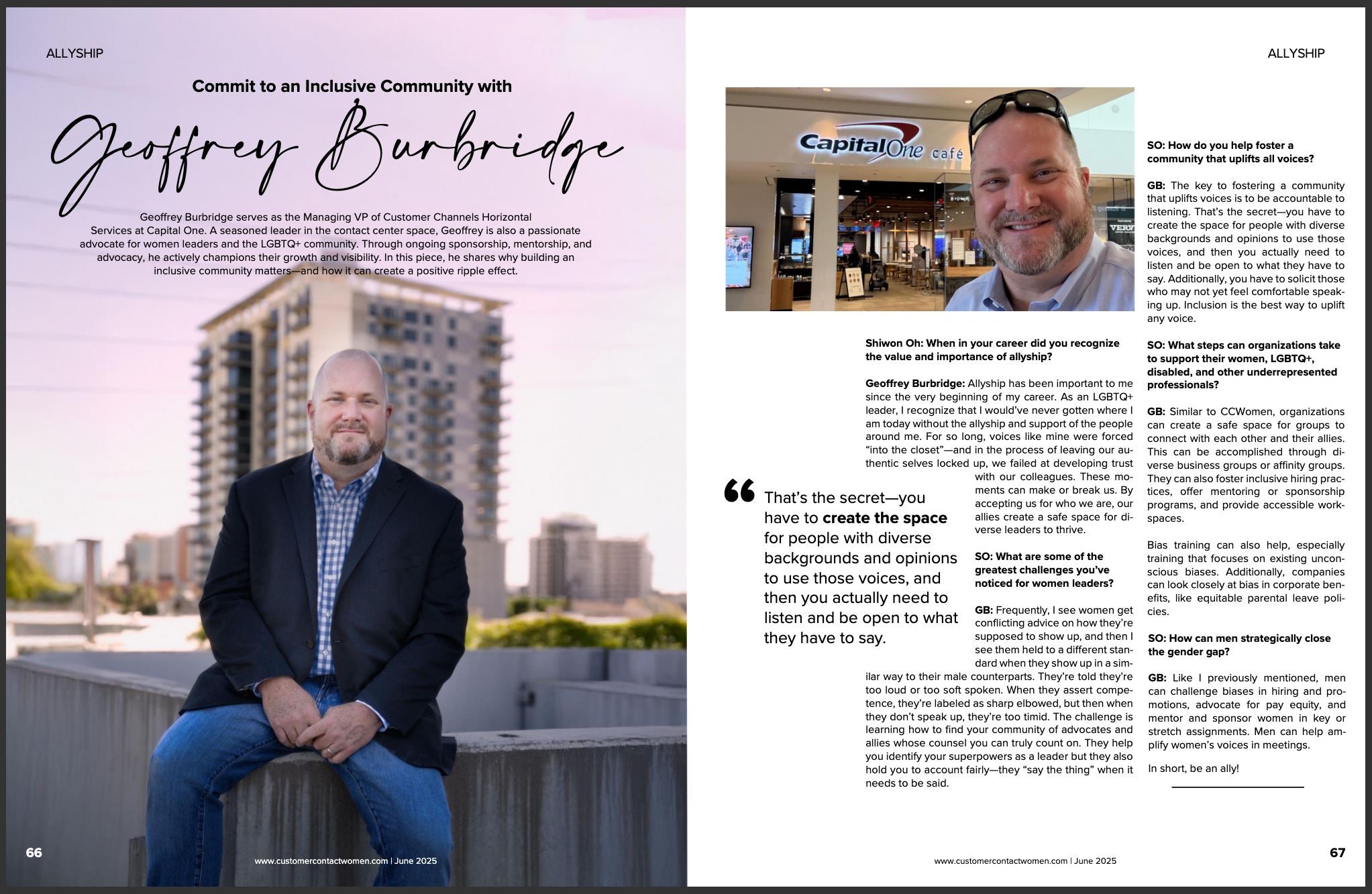Magazine spread featuring Geoffrey Burbridge, a man in a suit and shirt, sitting on a ledge outdoors in front of a cityscape with apartment buildings. The spread includes interview text and a smaller photo of a man in front of a cafe.