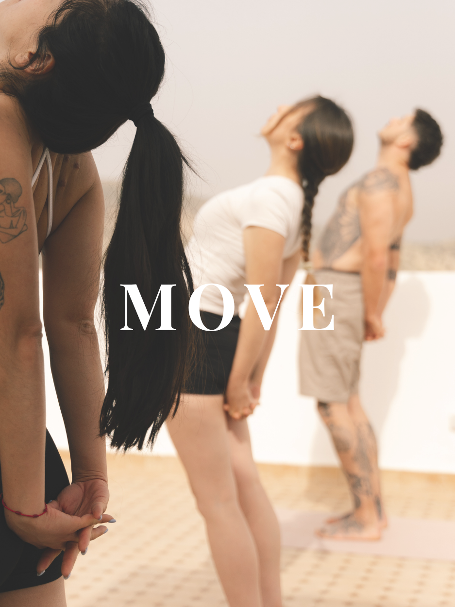 Three people in a yoga studio, standing in a row with hands behind their backs, stretching backwards with their heads tilted upward. The word 'MOVE' is text overlayed in the center.