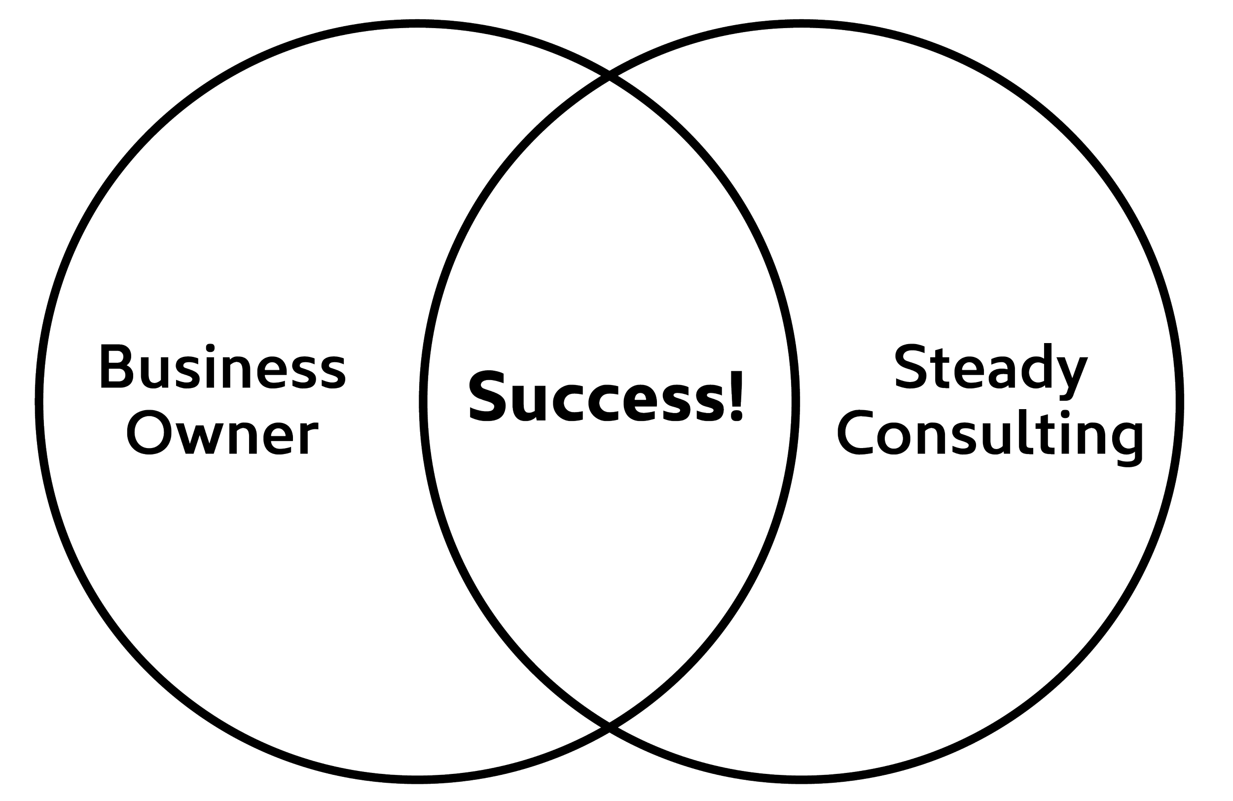 Diagram of three interconnected circles with the words 'Business Owner,' 'Success!,' and 'Steady Consulting' inside, illustrating their relationship.