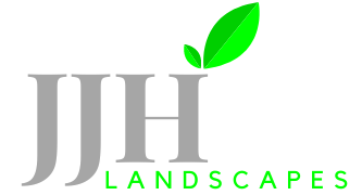 Logo with 'JJH Landscapes' text, featuring gray 'JJH' letters and green 'LANDSCAPES' underneath, with a green leaf over the 'H'
