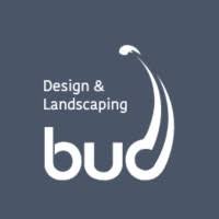 Logo for Bud Design & Landscaping with a curved plant or garden tool graphic
